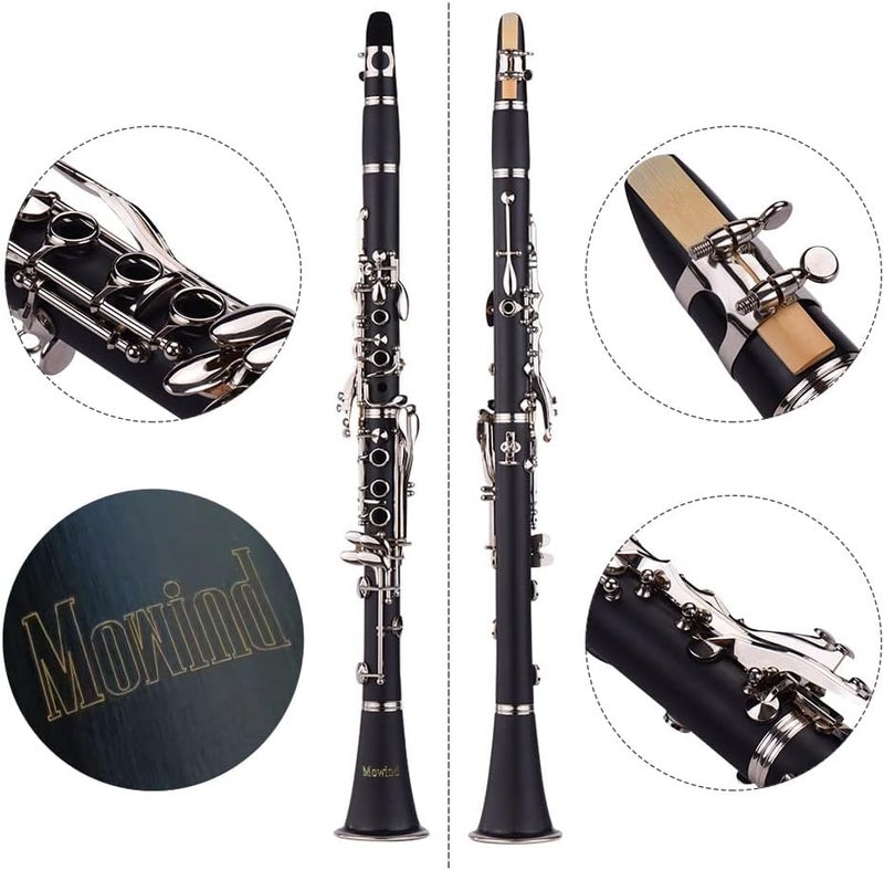 Mowind Bb Flat Clarinet - 17 Key Beginner Student Woodwind Instrument with 2 Barrels and Carry Case, Includes Cleaning Kit - Image 3